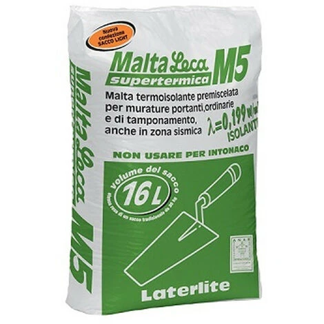 MALTA SUPERTERMICA M5 TERMOISOLANTE PREMISCELATA PER MURATURE PORTANTI, ORDINARIE E DI TAMPONAMENTO 16 LT - LECA 1 MALTA SUPERTERMICA M5 TERMOISOLANTE PREMISCELATA PER MURATURE PORTANTI, ORDINARIE E DI TAMPONAMENTO 16 LT - LECA